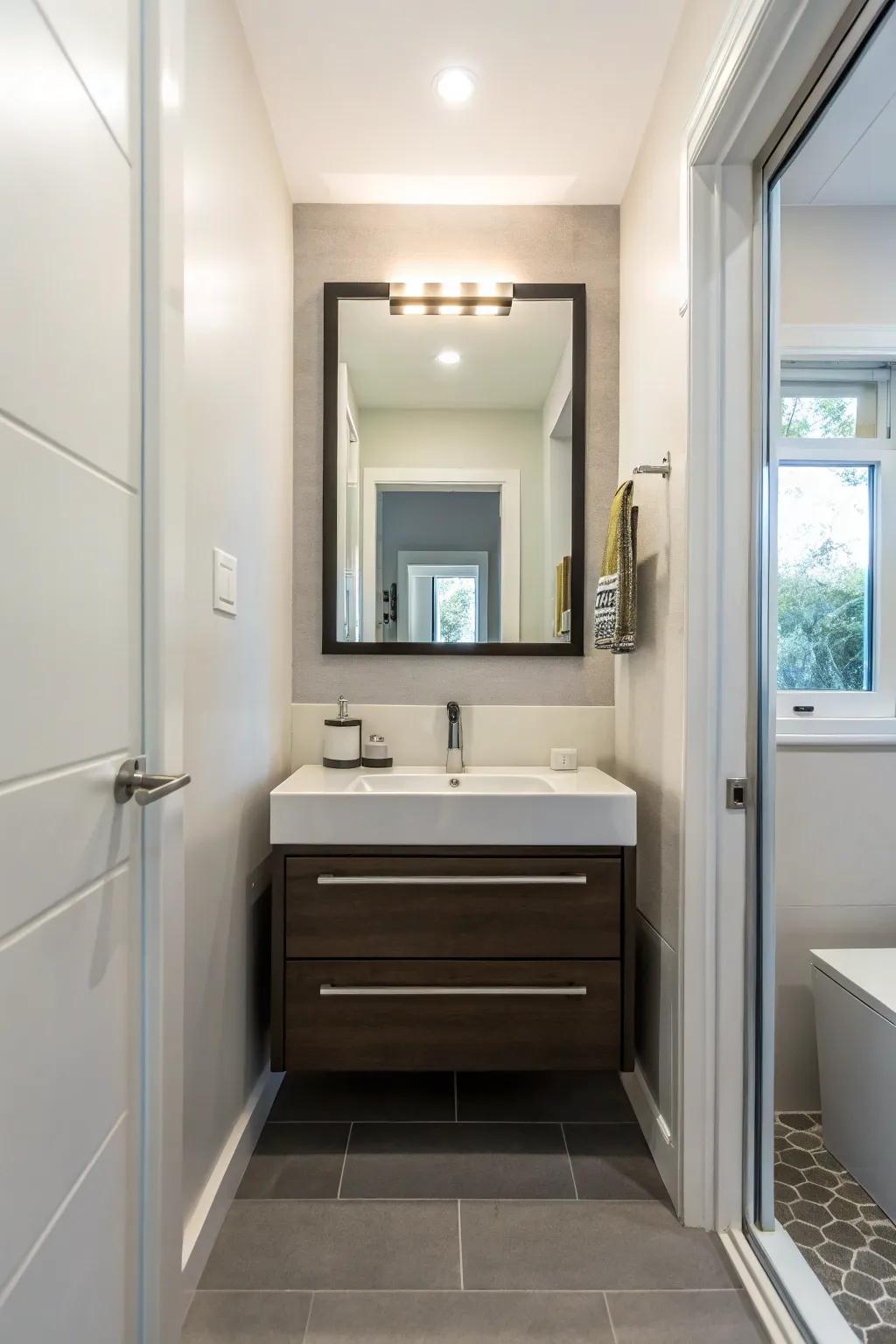 A wall-hung vanity that saves space and adds a contemporary touch to a small bathroom.