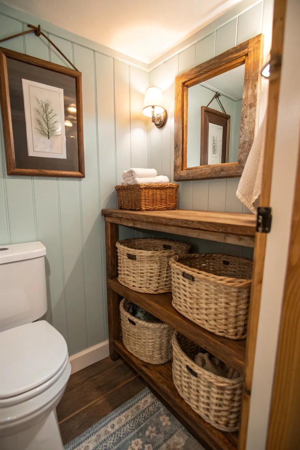 Wicker baskets inject country allure and functional storage.