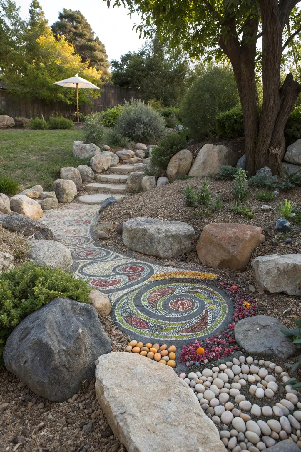 Artistic pebble patterns adding a unique touch to a rock garden.
