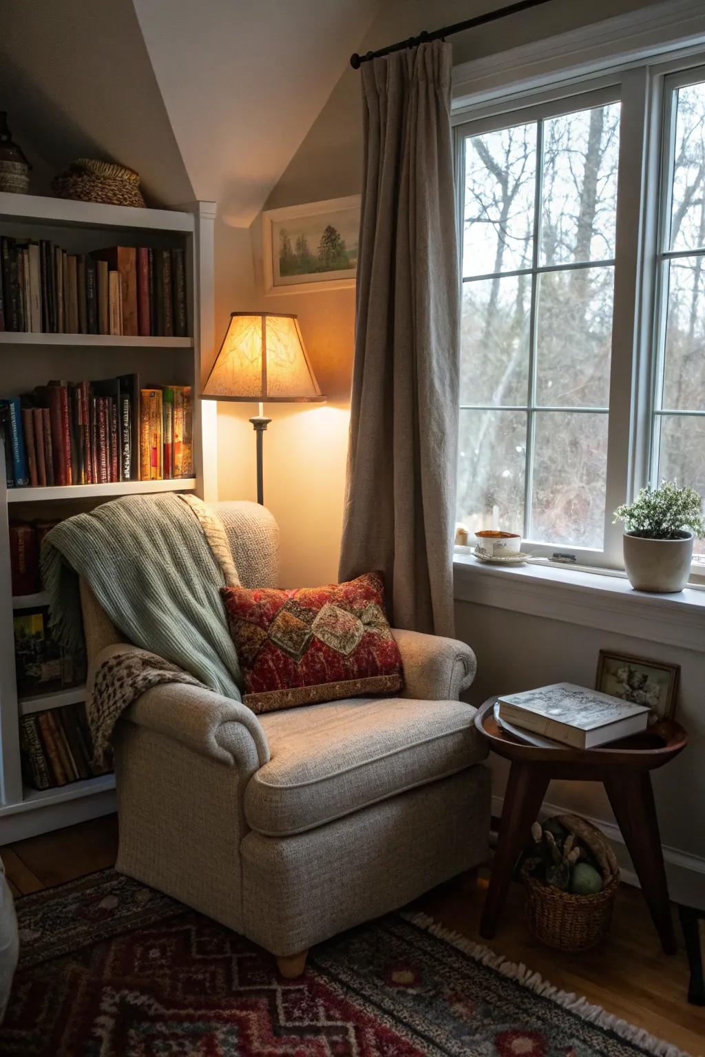 A reading alcove provides a comfy escape in the den.