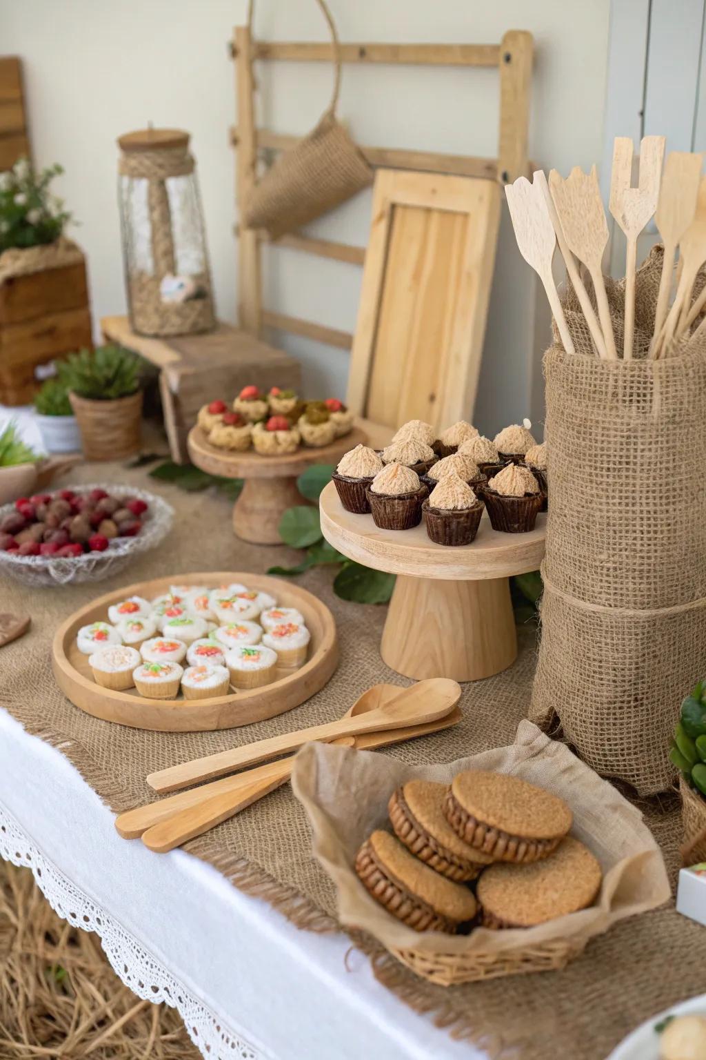 A countryside-style and eco-conscious dessert table arrangement.