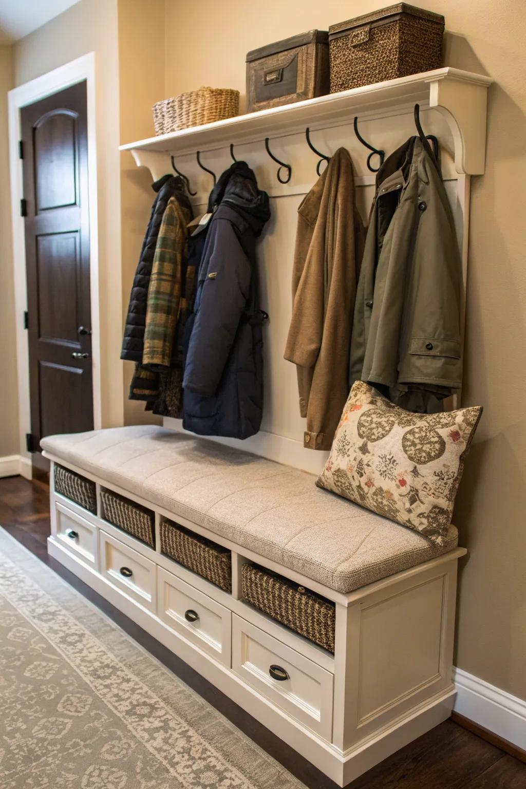 A bench featuring hidden hooks to keep things tidy and discreet.