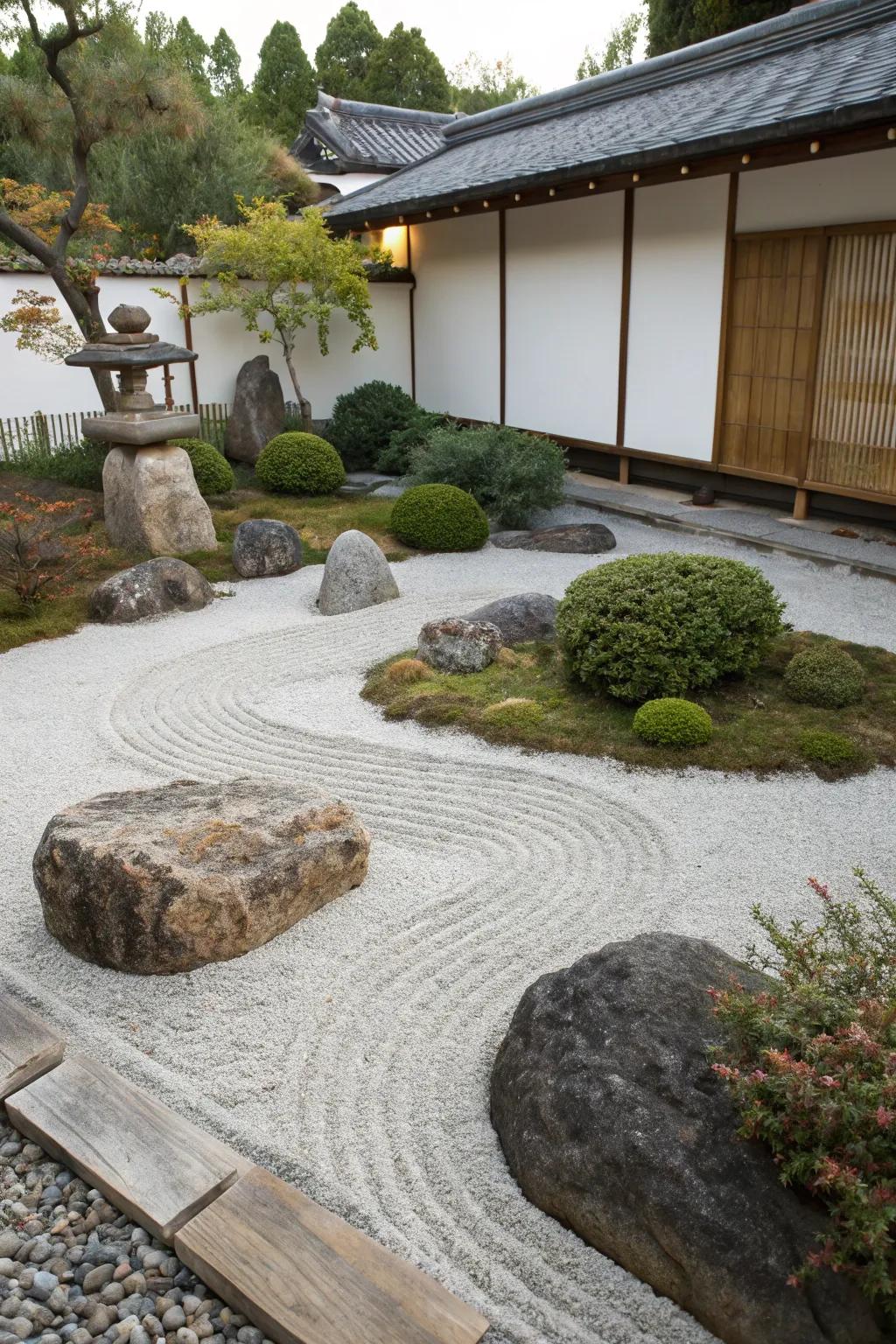 A minimalist calming rock garden delivers a serene getaway with gravel and stones.