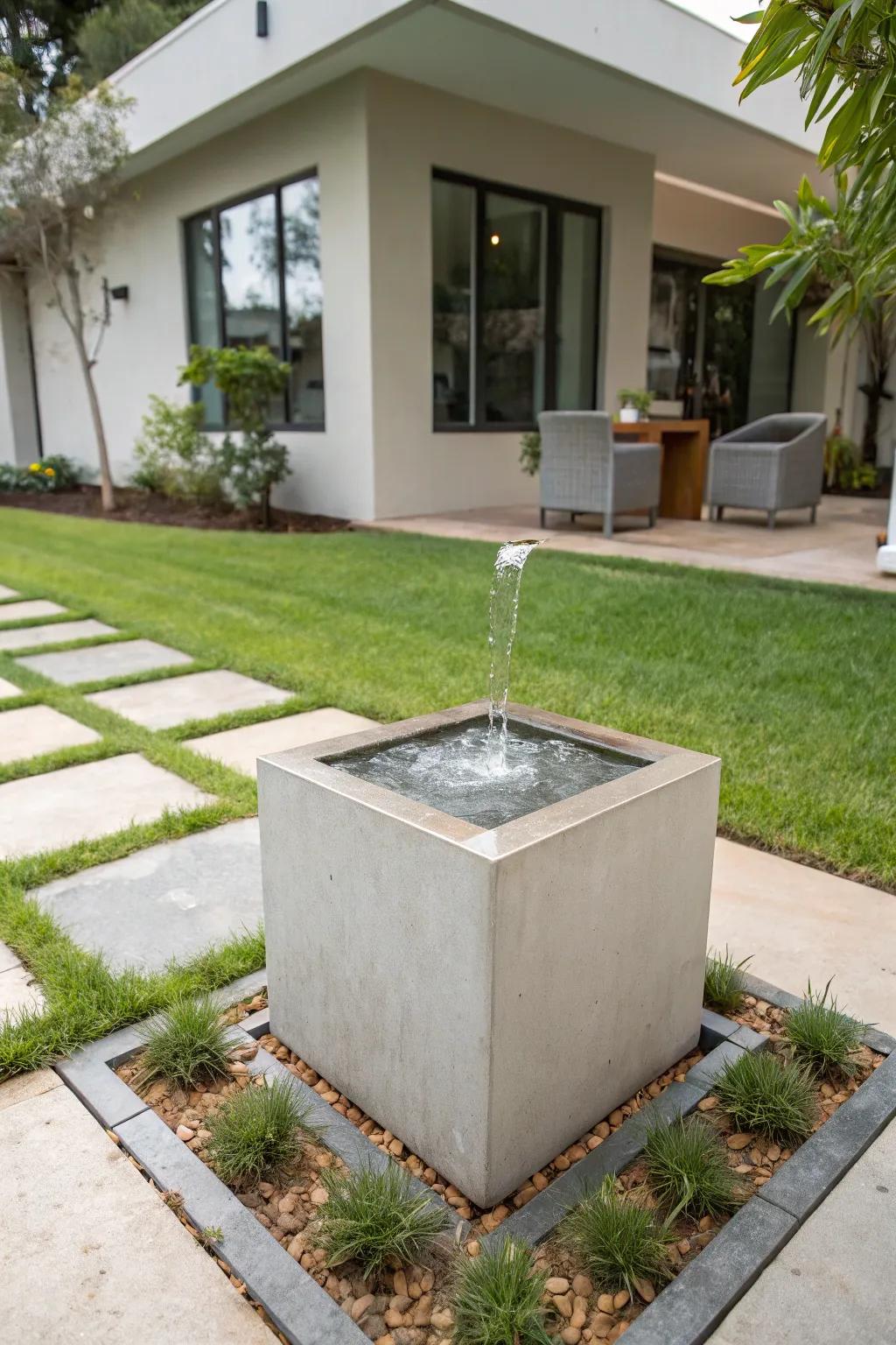 A concrete block water feature proposes a streamlined, modern allure.