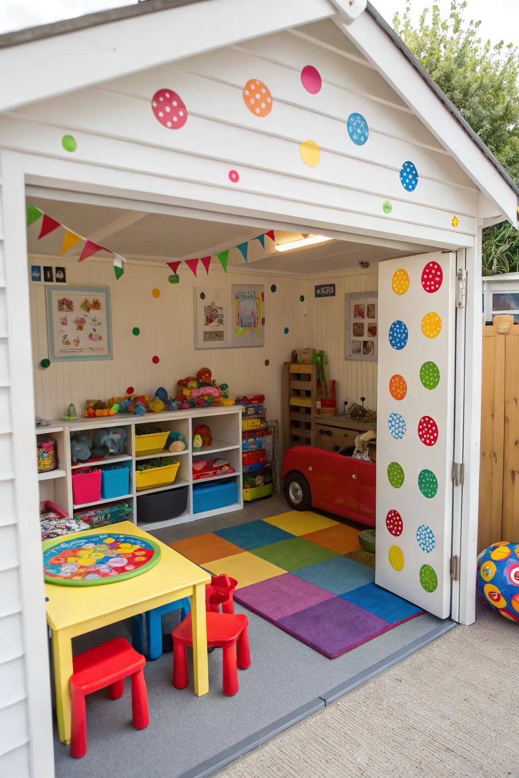 A small garage changes into a fun playroom for your children.