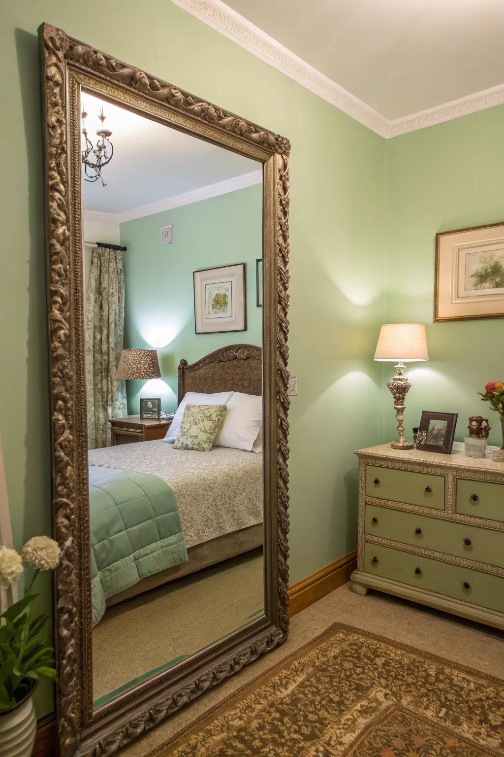 Mirrors enhance area and complement the verdant theme.