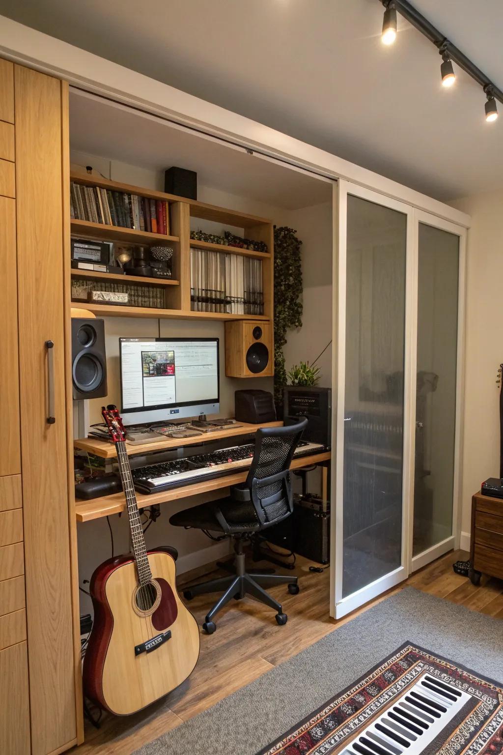 Sliding door cabinets provide discreet and efficient storage solutions.