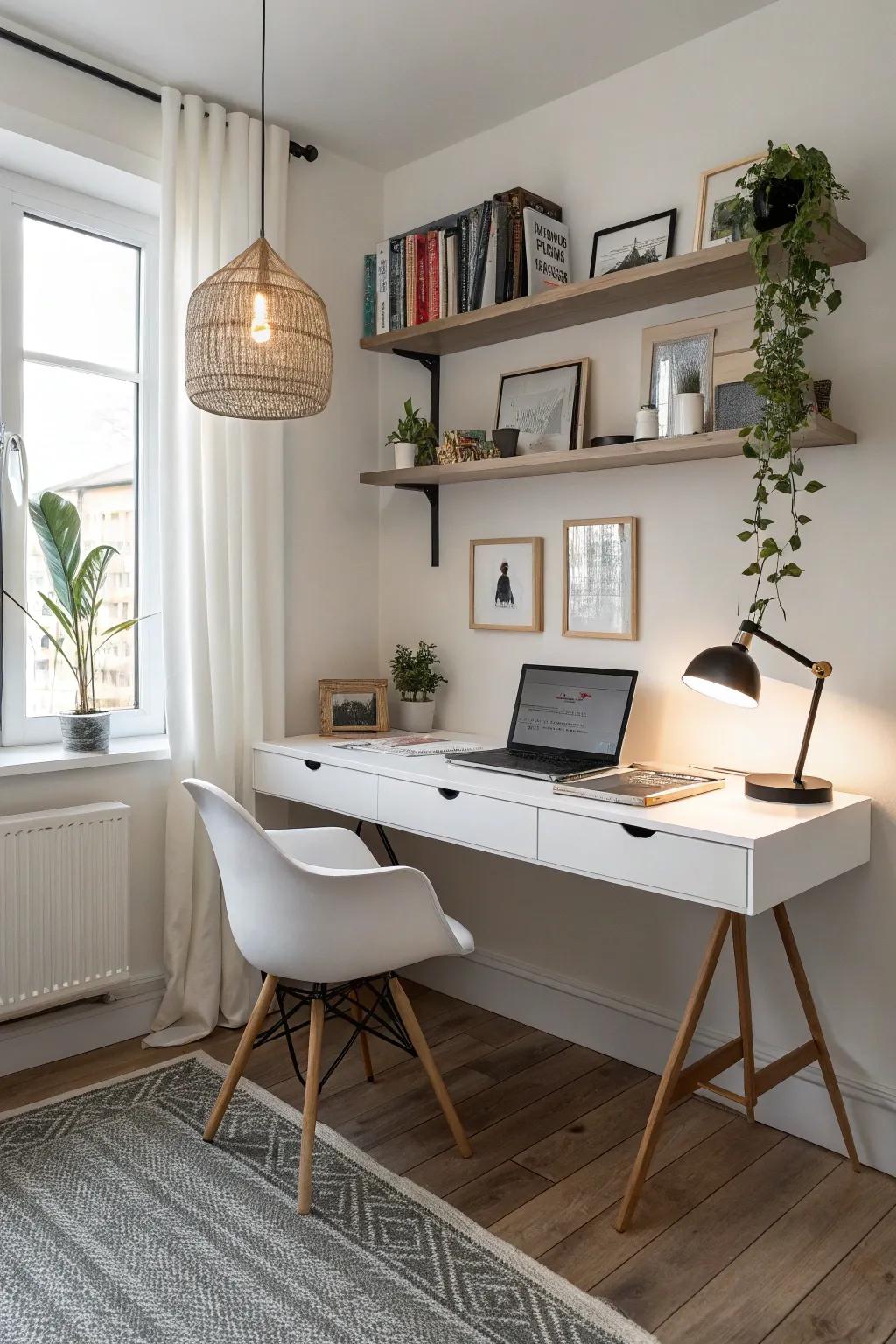 Wall-mounted desks free up floor space while offering functionality.
