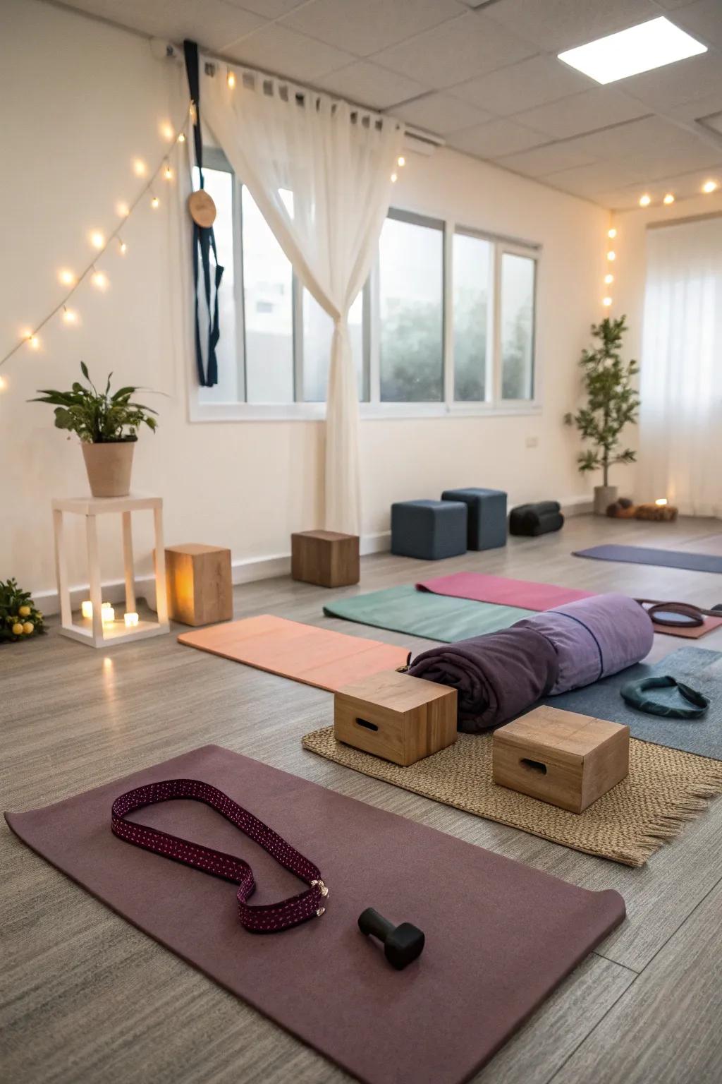 Yoga room with portable and flexible props.