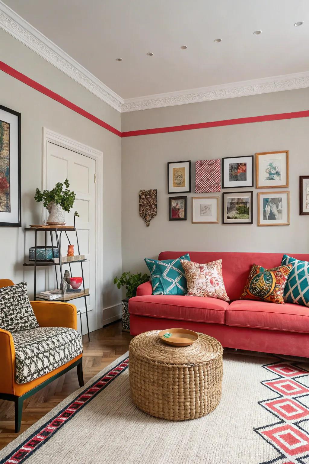 A snug parlor featuring contrasting edging for boldness.