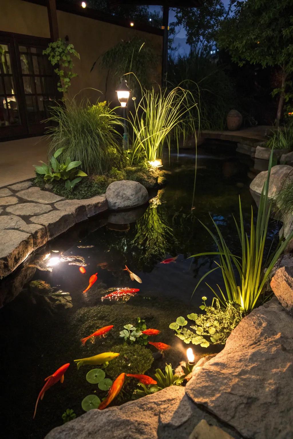 A beautifully illuminated water garden transforms the night.