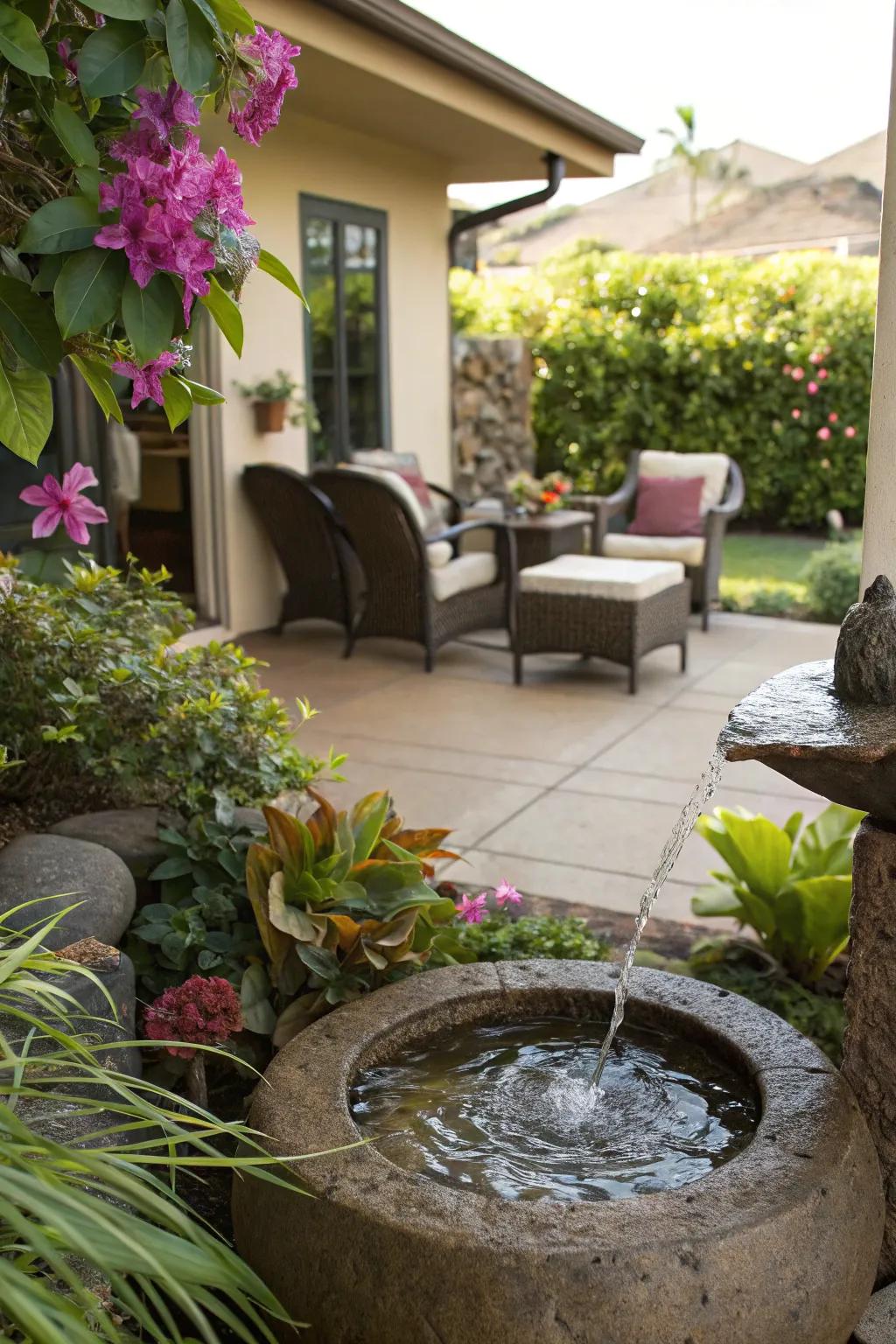 Elevate relaxation with a calming water feature on your lanai.