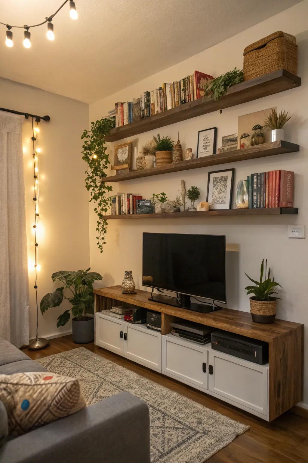 Wall shelves offer stylish storage solutions without occupying floor space.