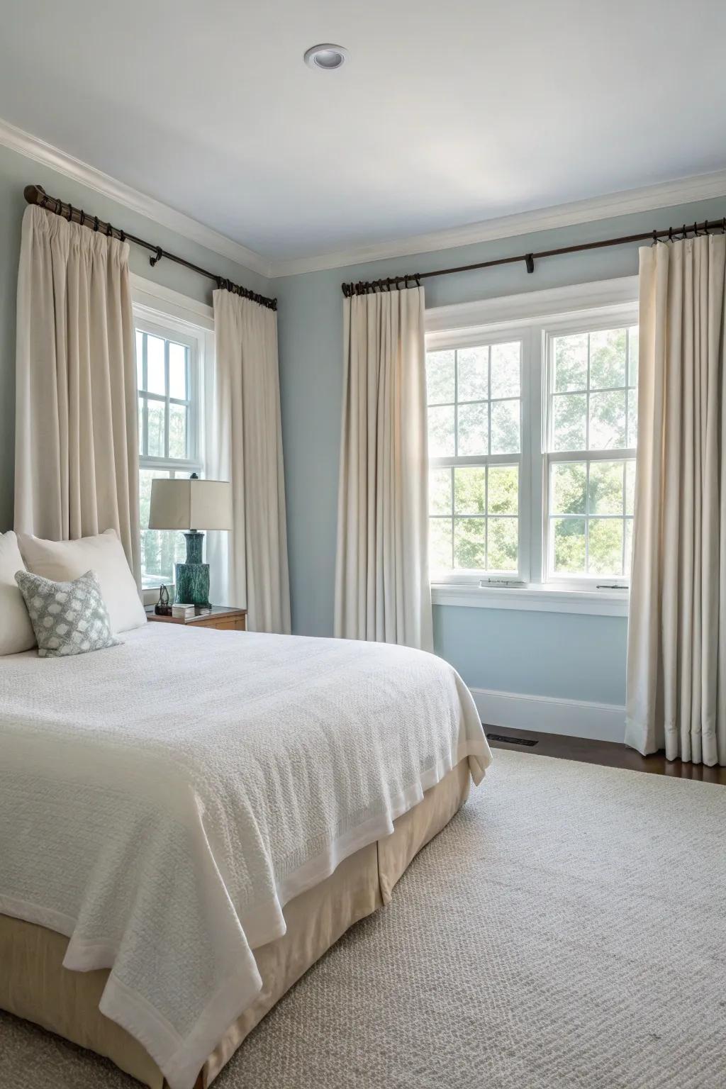 Elevated window dressings conjure an enhanced perception of height within a compact primary bedroom.