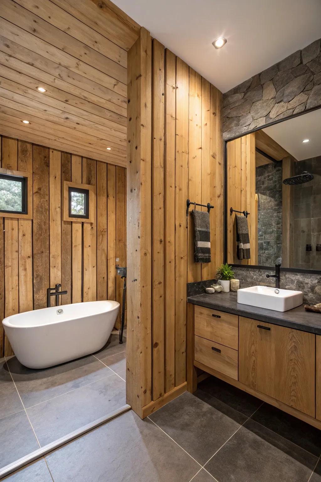 Vertical paneling adds style to a homespun bathroom.