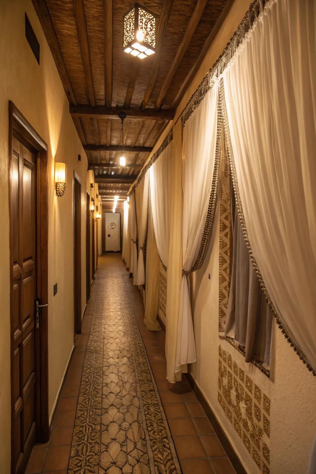 Curtains add texture and warmth to your narrow hallway.