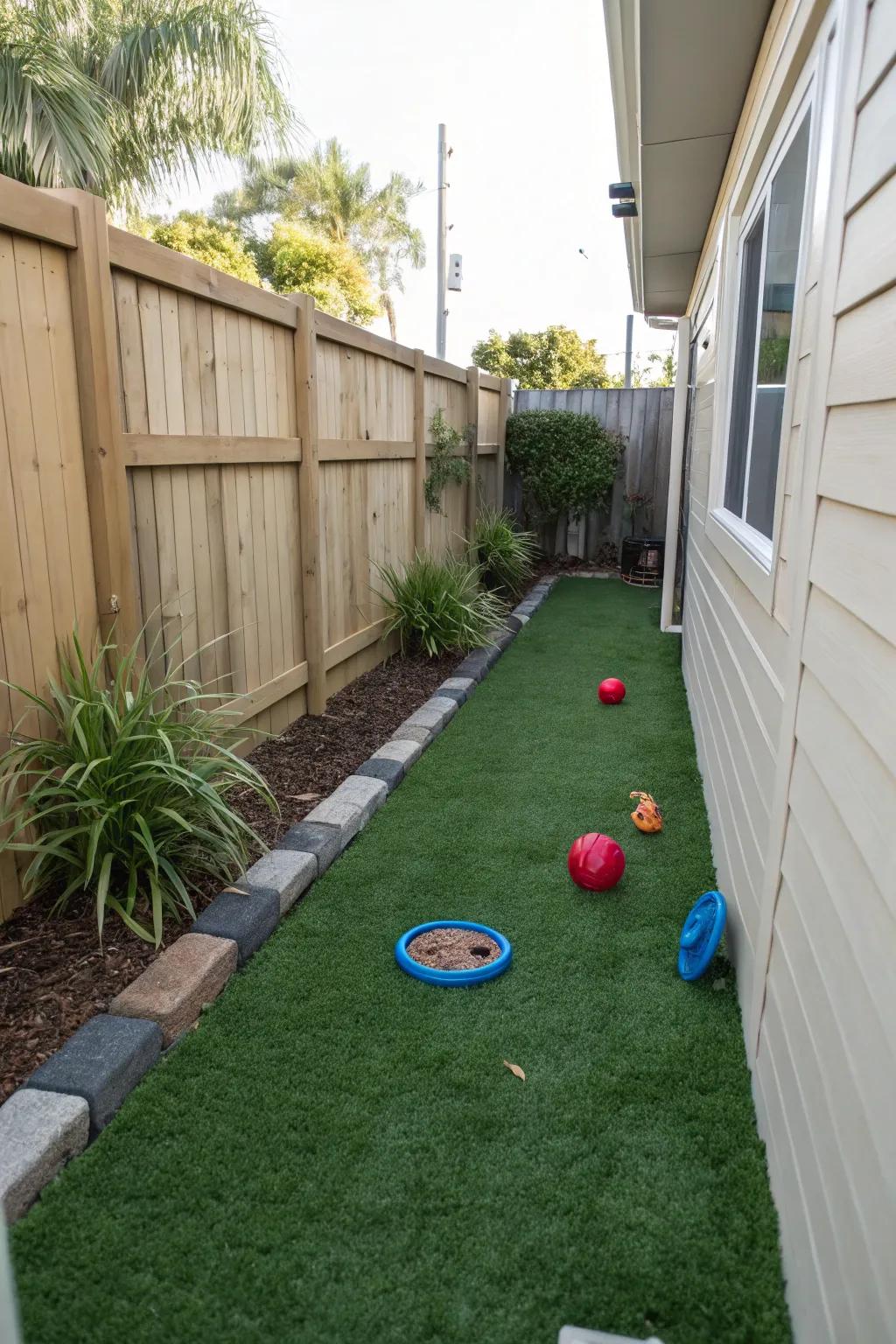 Pet-welcoming zones offer space for furry friends in slim side yards.