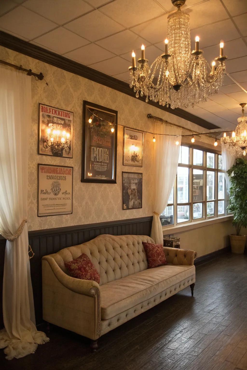 A vintage couch adds comfort and a nostalgic style.