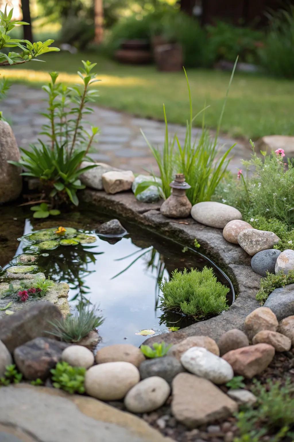 A miniature water garden offers detailed beauty in a small space.