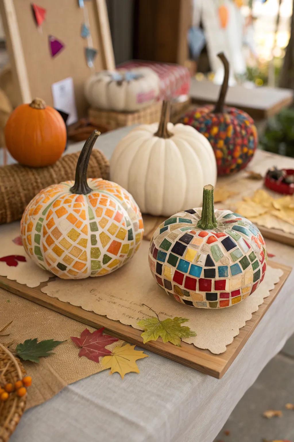 Mosaic pumpkins give a textured, artistic charm to fall exhibits.