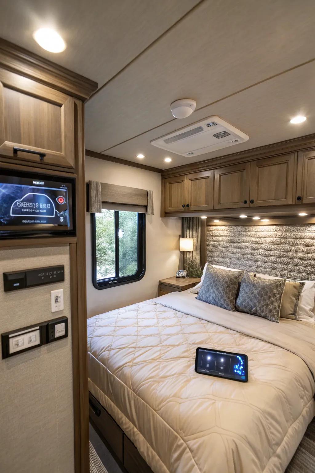 Smart technology brings convenience and modern style to your RV bedroom.