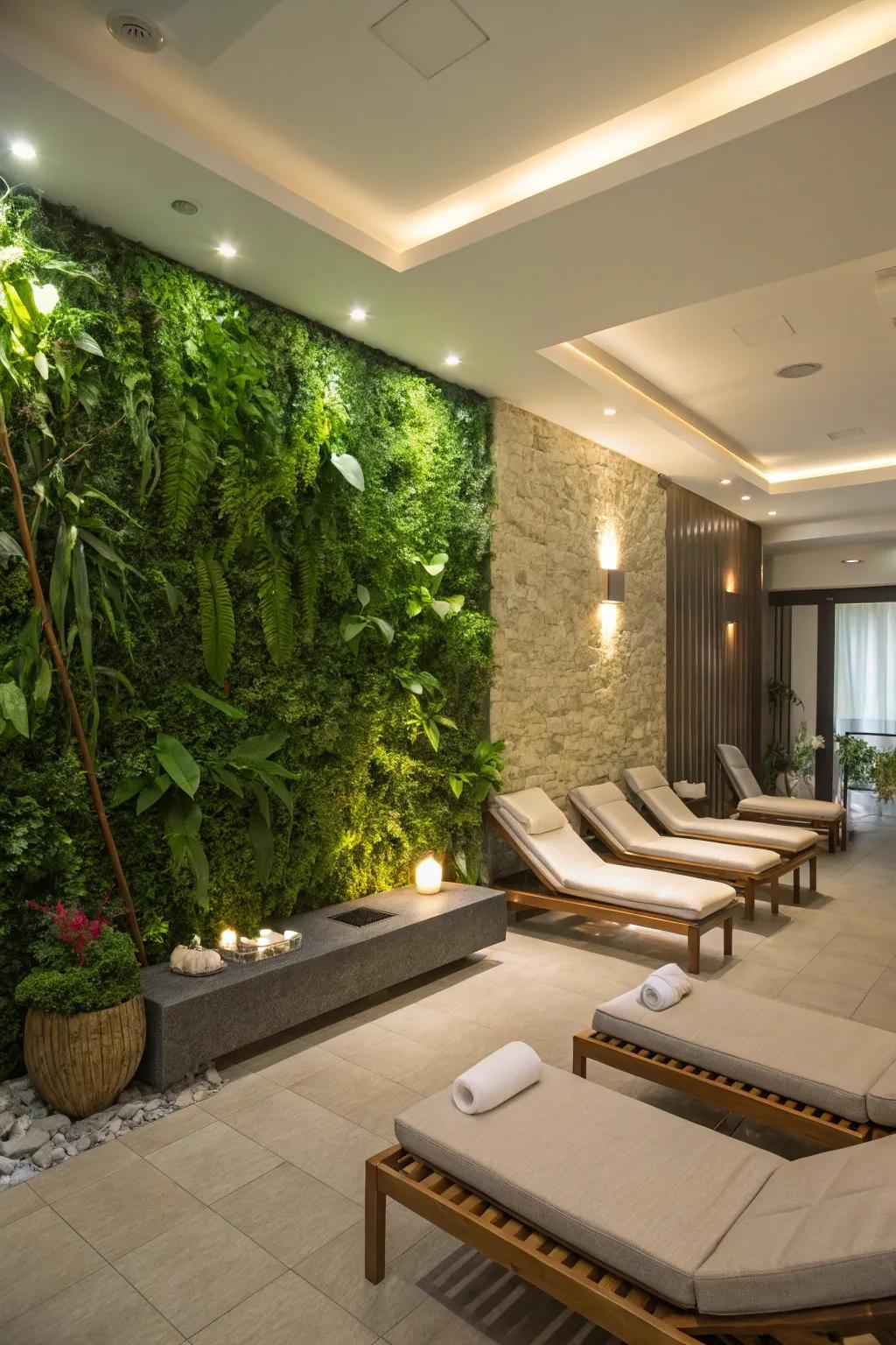Verdant wall bringing the outdoors into a spa area