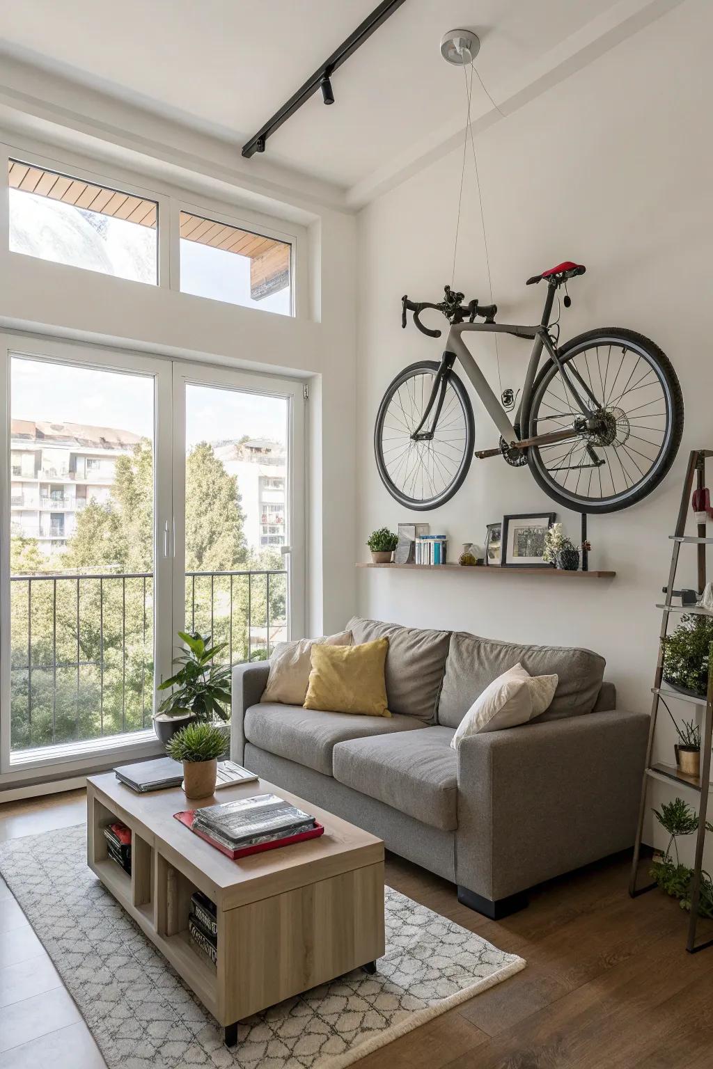 Bikes on the wall create stylish storage.