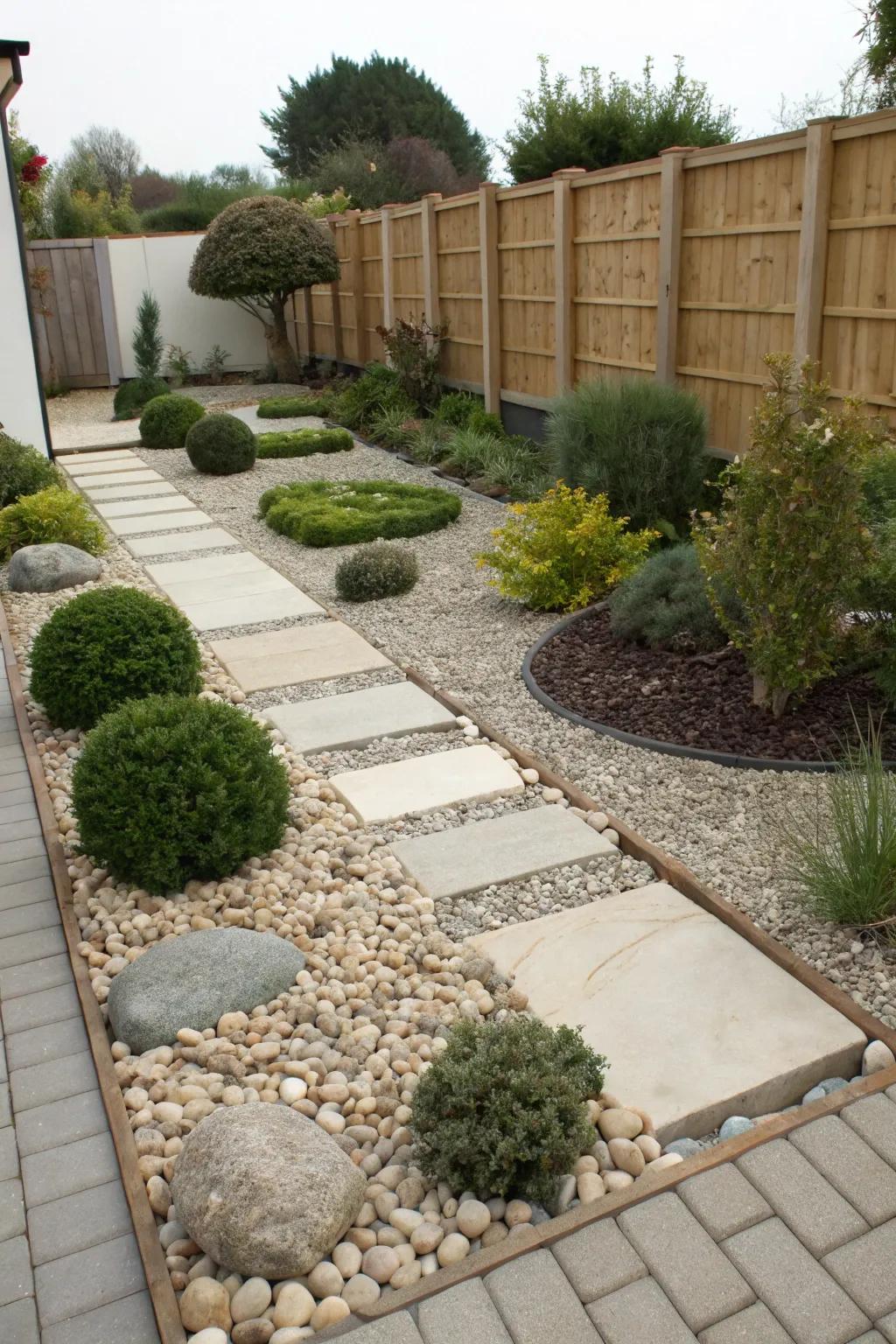 A minimal-maintenance garden showcasing a pristine rock and granules blueprint.