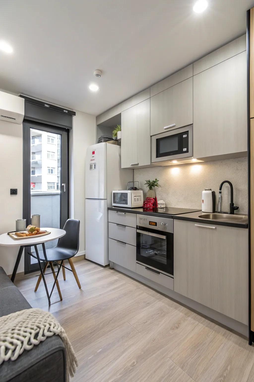 Functionality is optimized by using space-saving appliances.