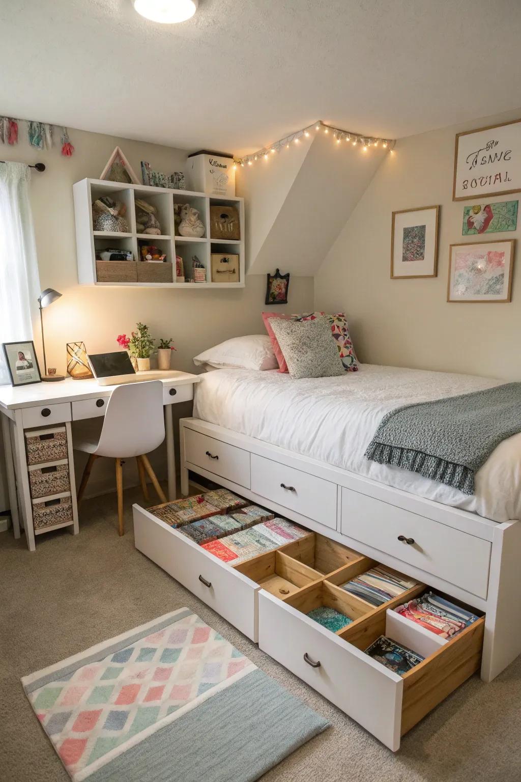 Under-bed storage solutions keep the room tidy and organized.