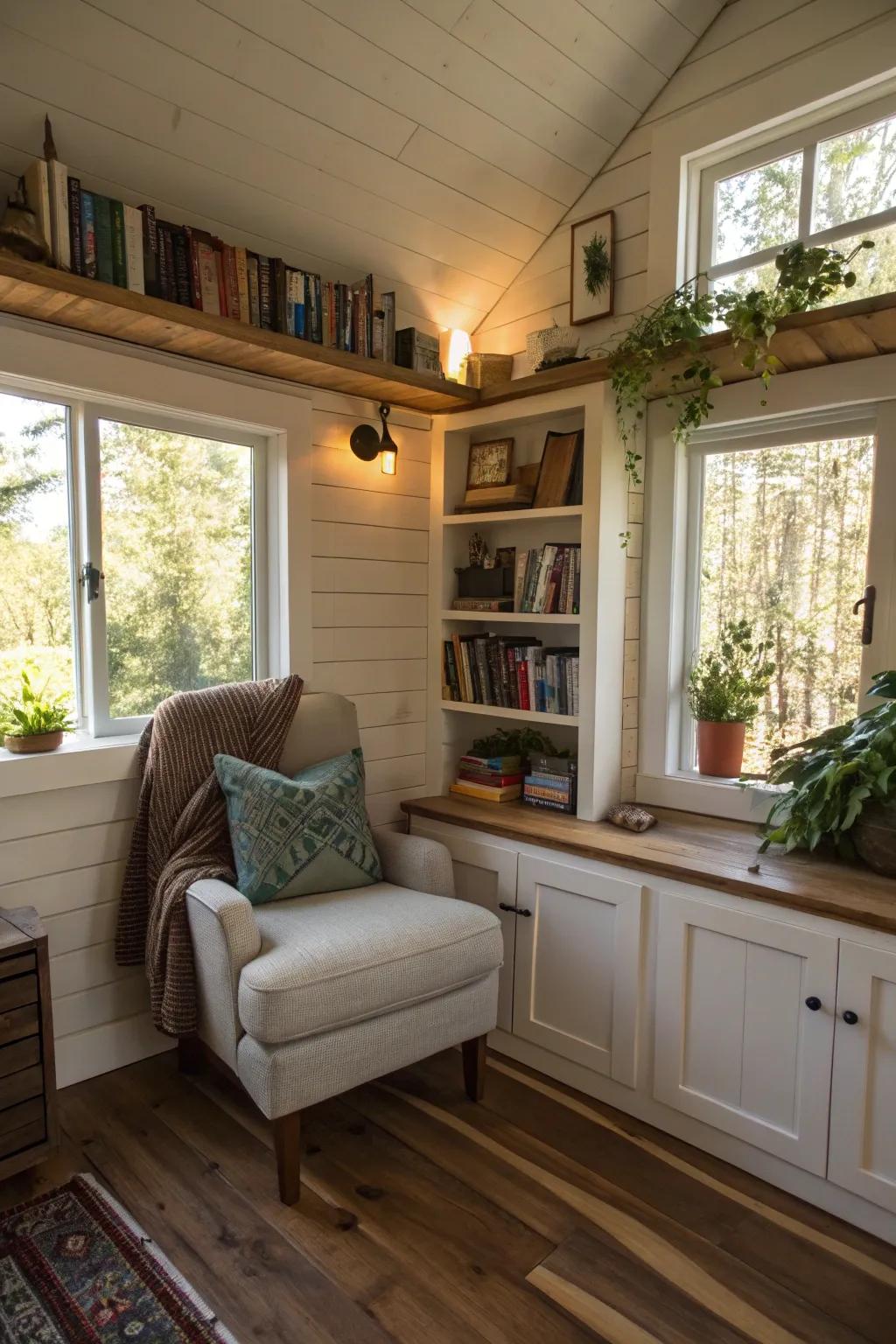 An intimate reading nook provides a serene escape in small homes.