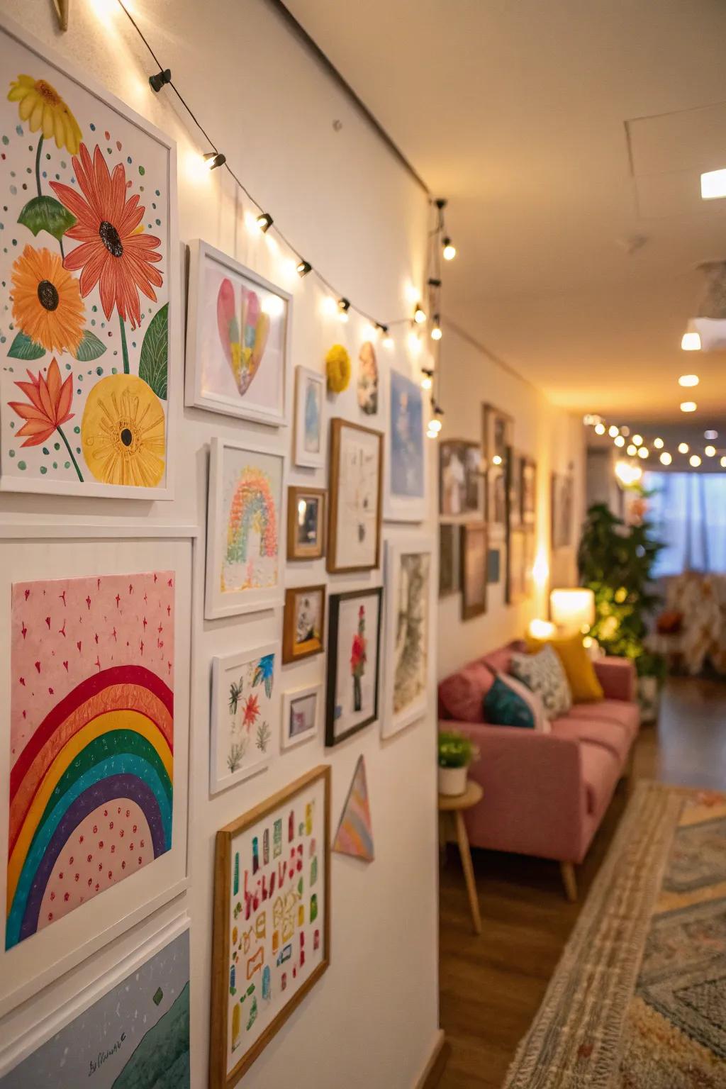 Colorful art delivering vibrancy to a compact wall.