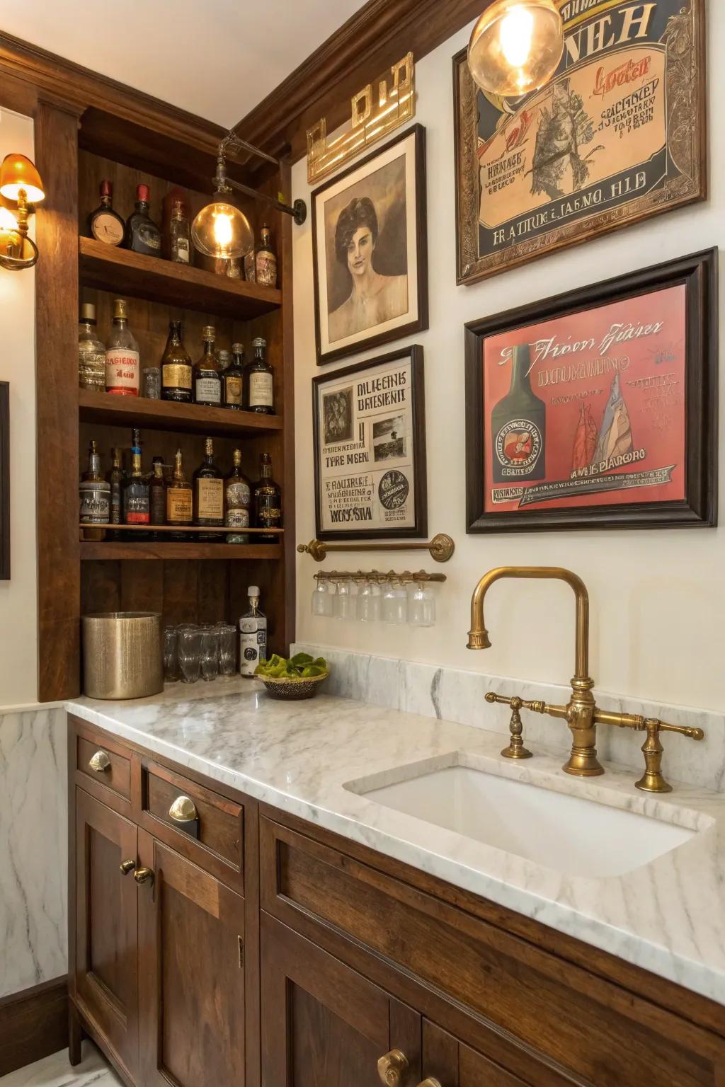 Aged ornamental components integrating ageless allure within a compact wet bar.