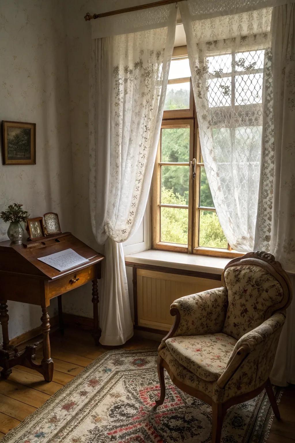 Web curtains offer a timeless, vintage charm with their delicate texture.