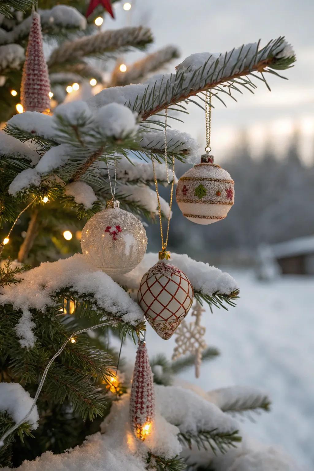 Vintage-inspired embellishments adding charm and nostalgia to a snowy Christmas tree.