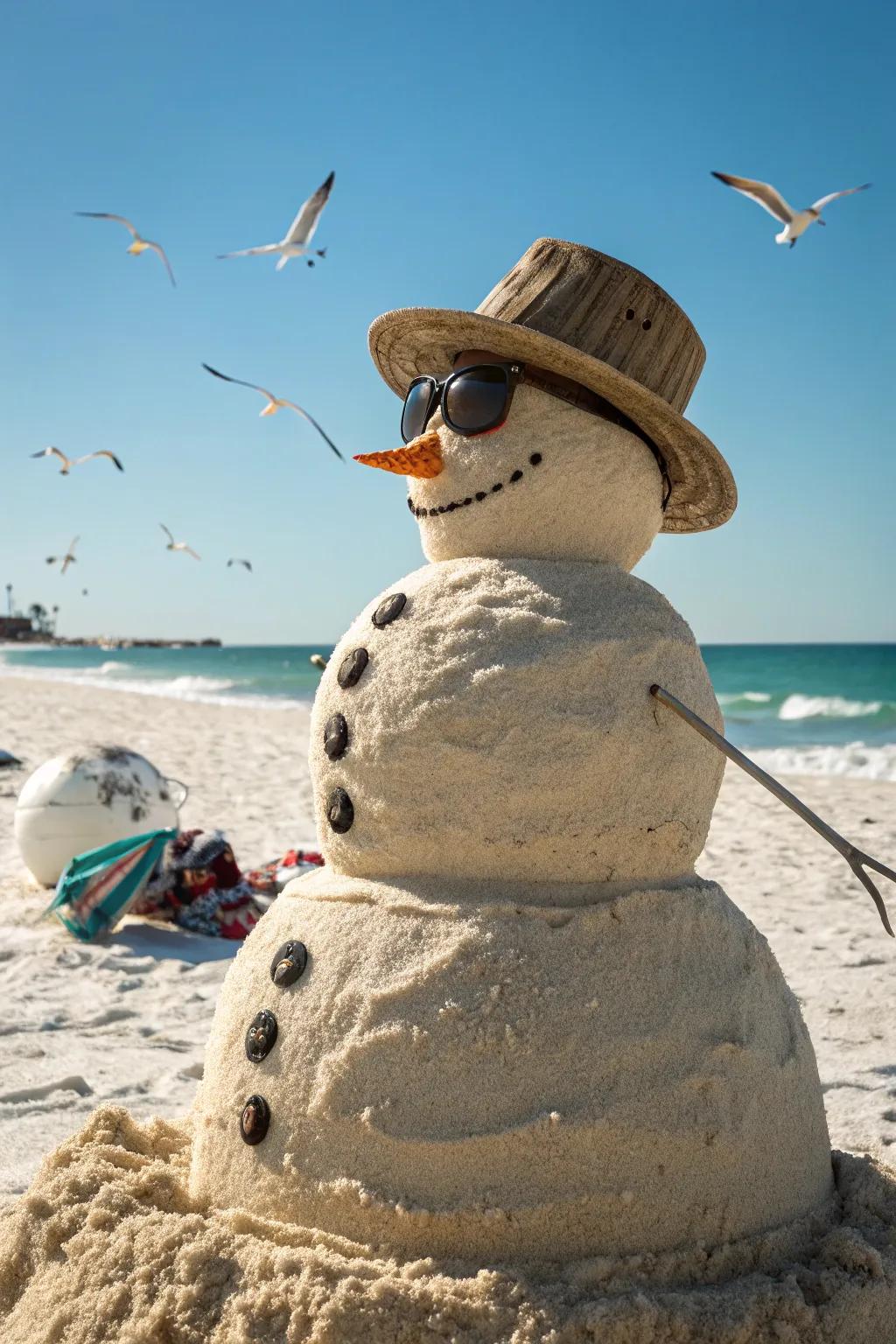 A shoreline Frosty basking in the sun through seaside accessories.