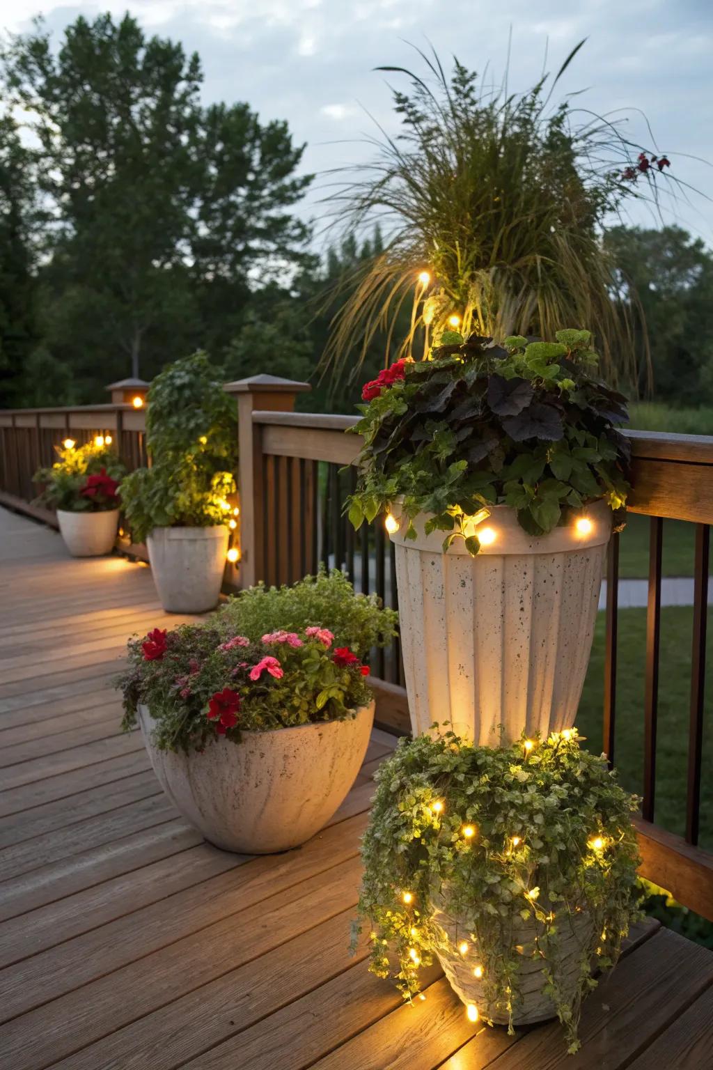 Solar lighted planters provide a combination of plants and light.