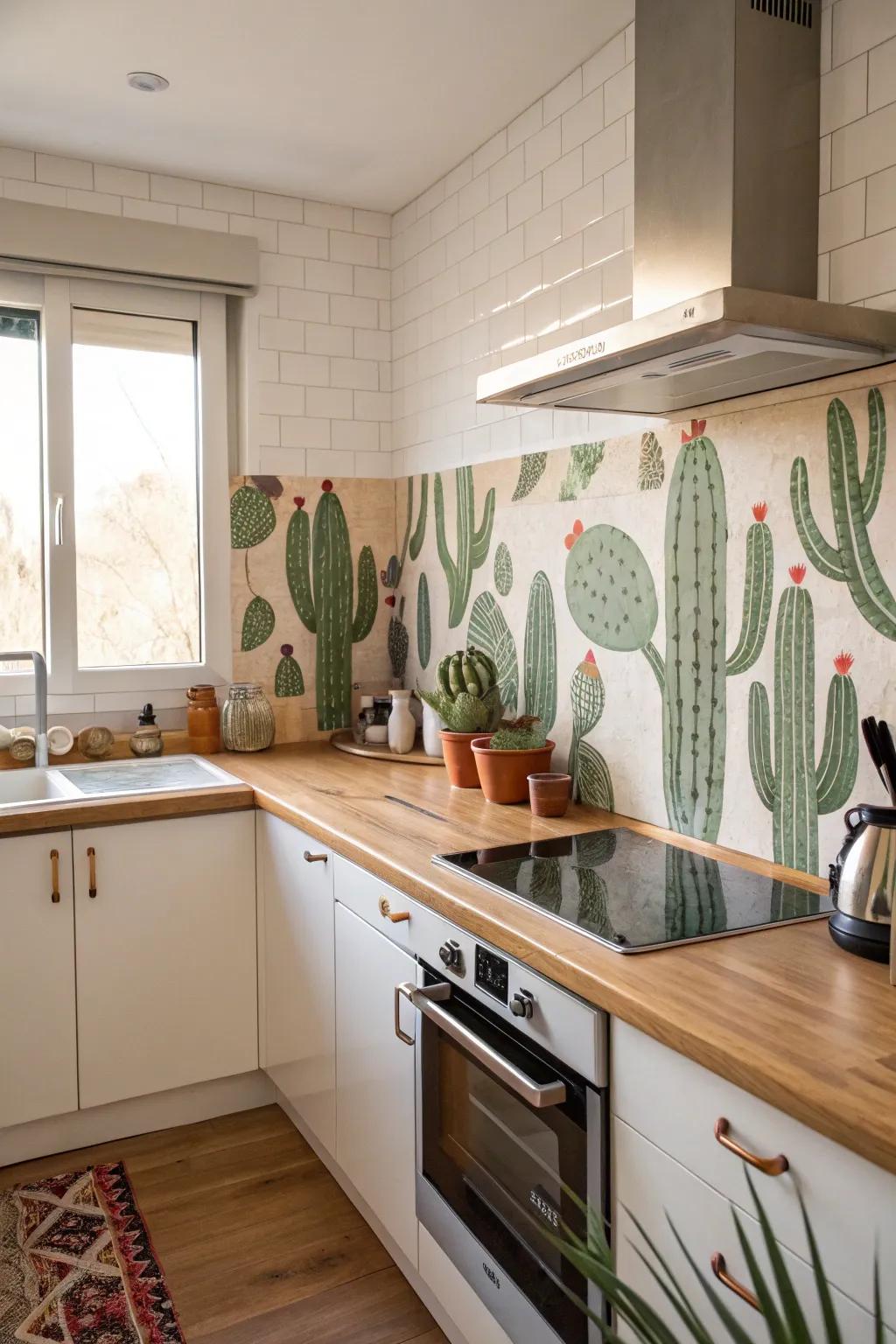 Cactus-shaped tiles introduce a quirky and playful element to the kitchen.