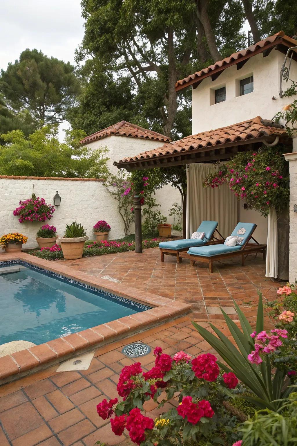 A resting couch provides a perfect spot for serenity in this Spanish-inspired garden.