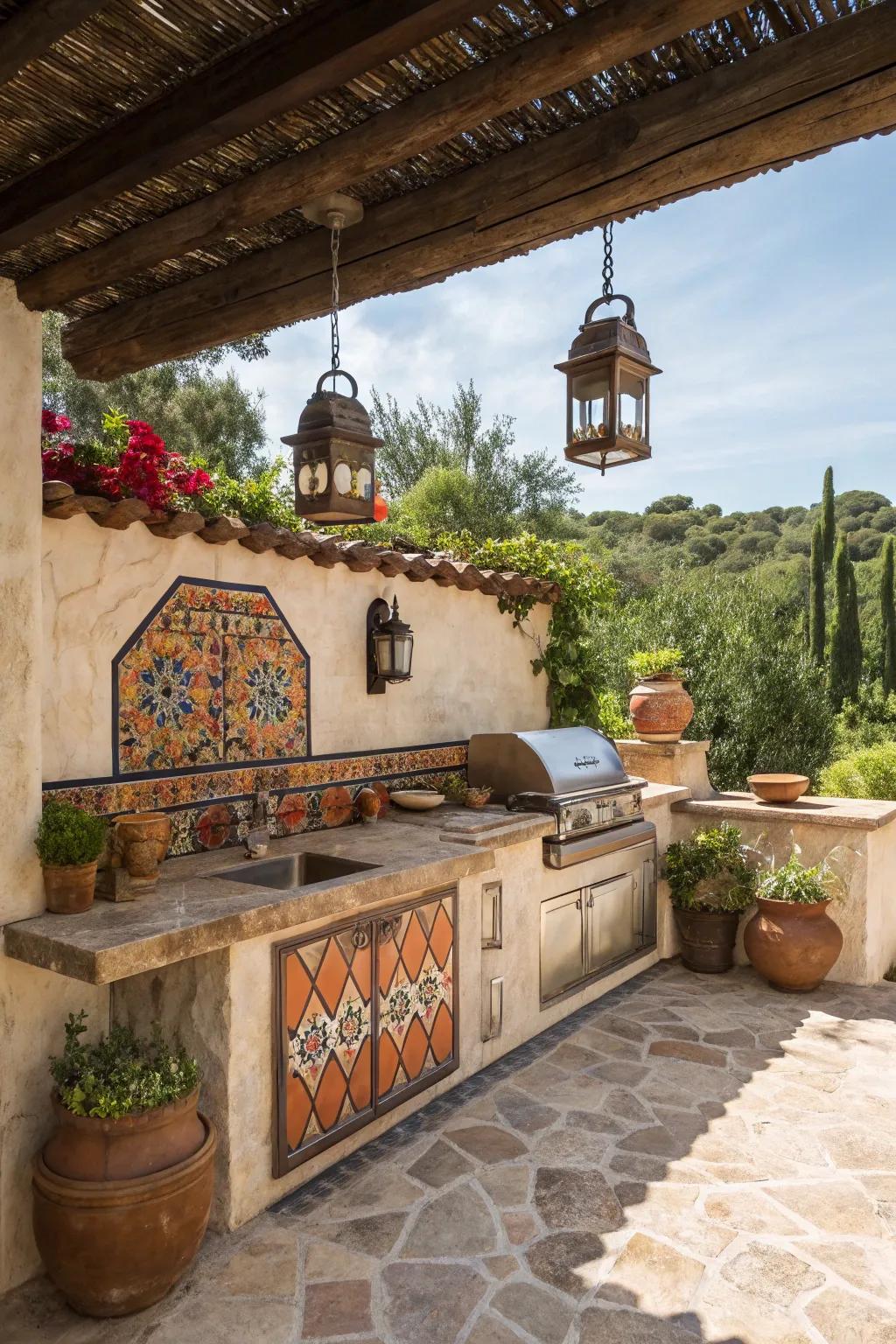 Stucco walls lend a classic Spanish touch to this charming open-air cooking area.