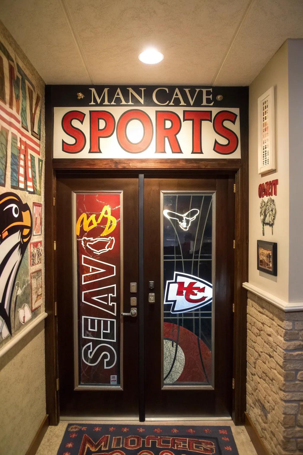 A themed entryway sets the mood for the sports sanctuary experience.