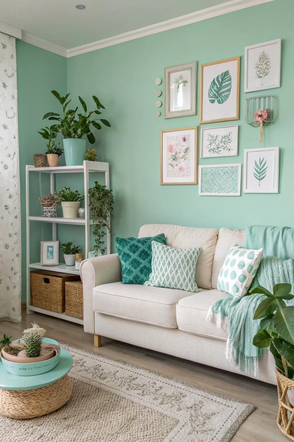A mint-colored feature wall revitalizes the room's decor.