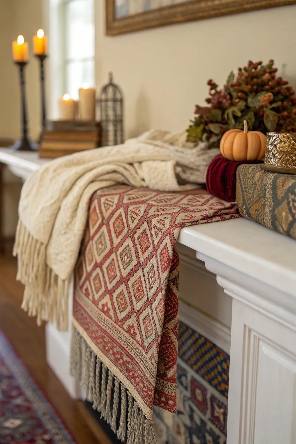 Fabrics add warmth and texture to the mantel design.