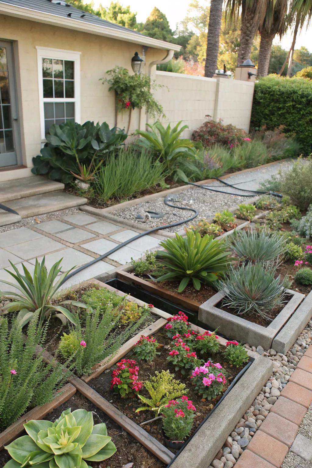 Plants grouped by irrigation needs for optimal growth.