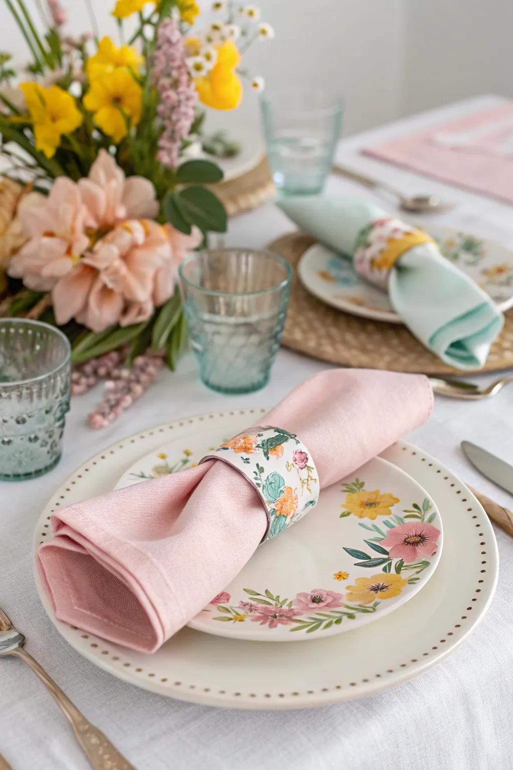 Springtime-themed table linen bands append a delightful detail.