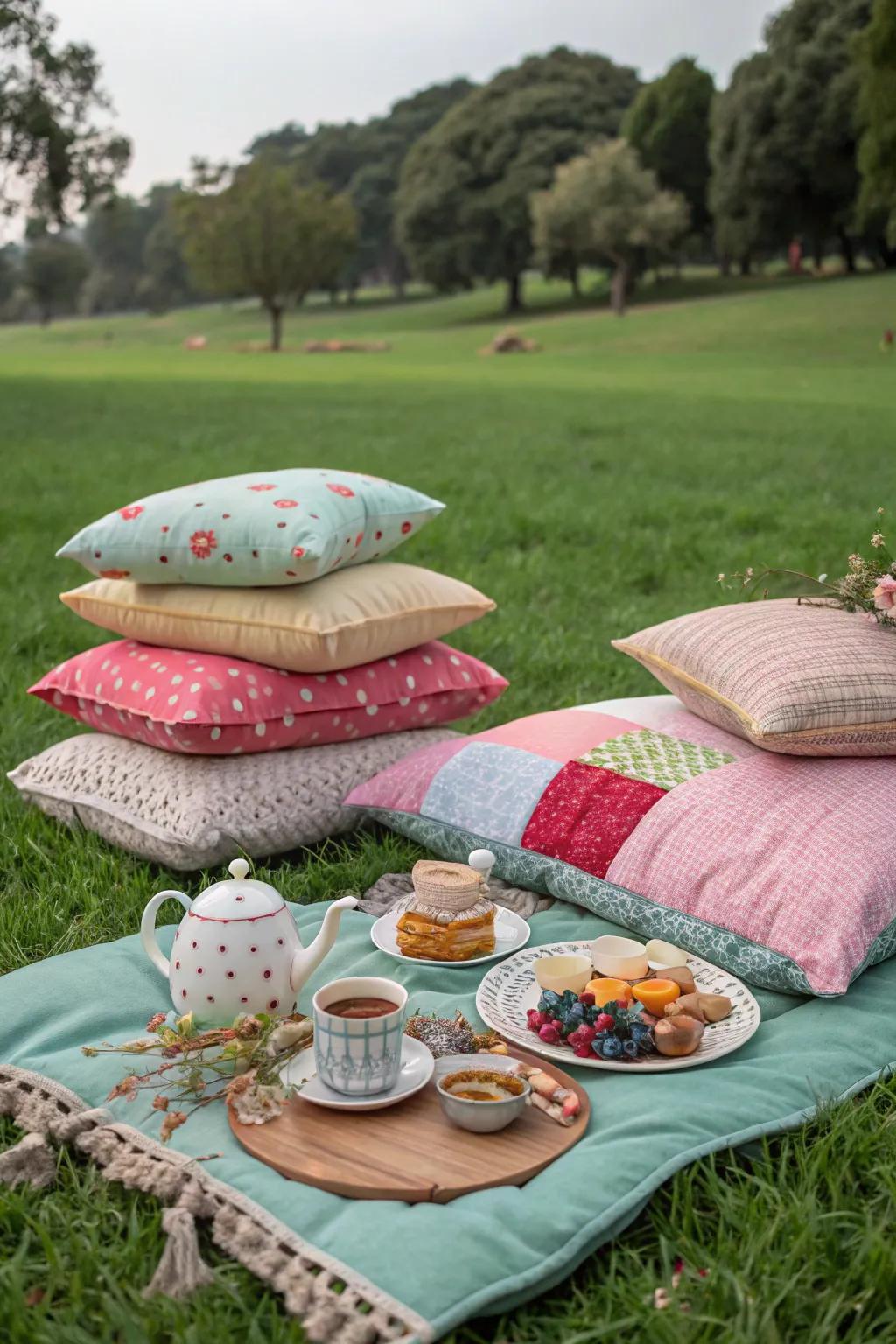 Layered excursion blankets provide a cozy seating arrangement.