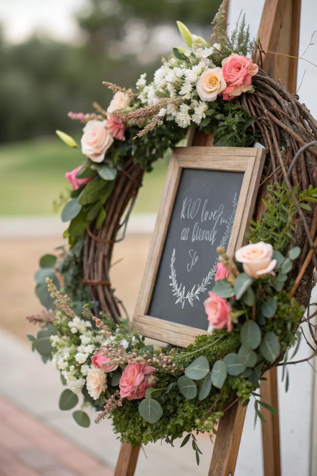 A personalized wreath showcasing a writable slate.