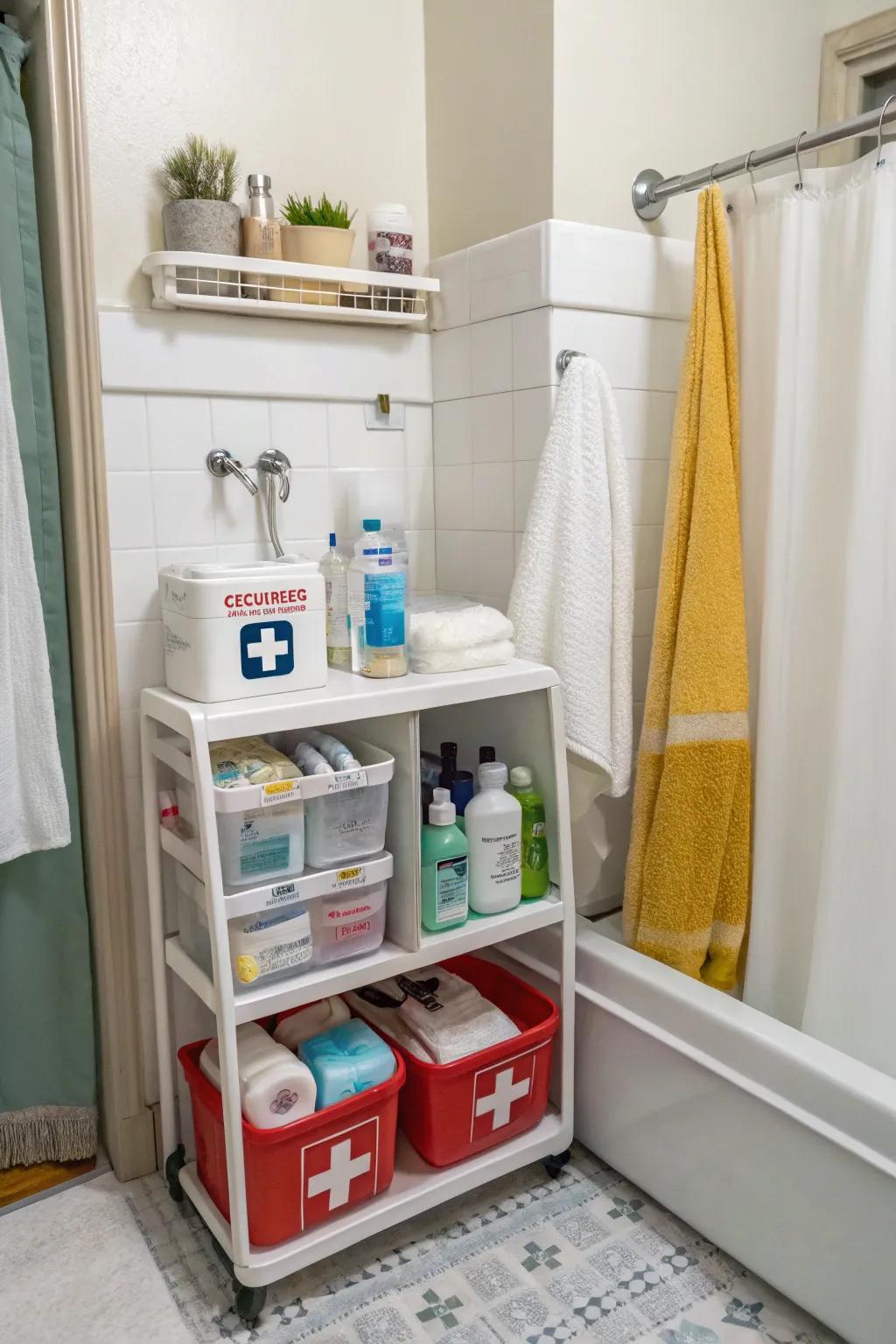 An emergency supply station brings practicality and care to the bathroom.