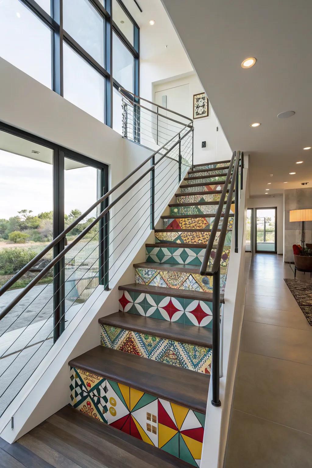 This staircase has geometric patterns that add modern flair and symmetry.
