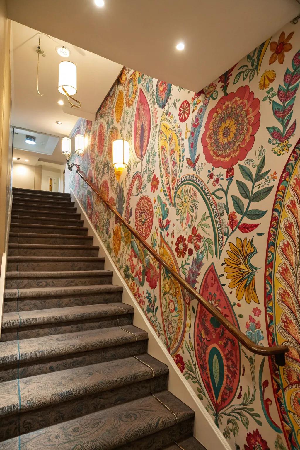 Your staircase wall can become a work of art with vibrant wallpaper.